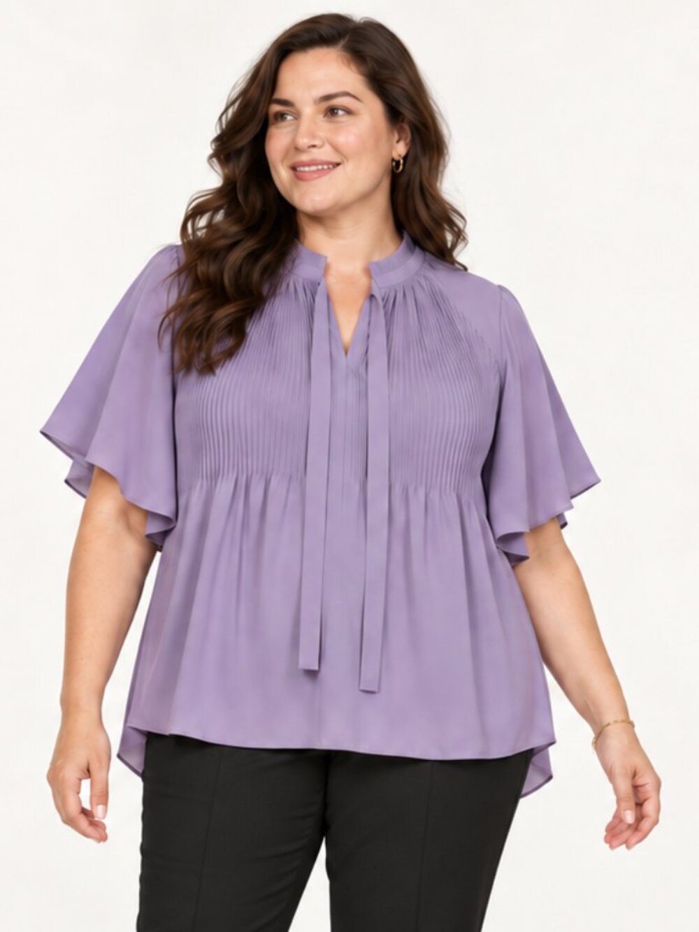 Lauren Ralph Lauren Women's XL Lavender Pleated Tie-Neck Flutter Sleeve Blouse